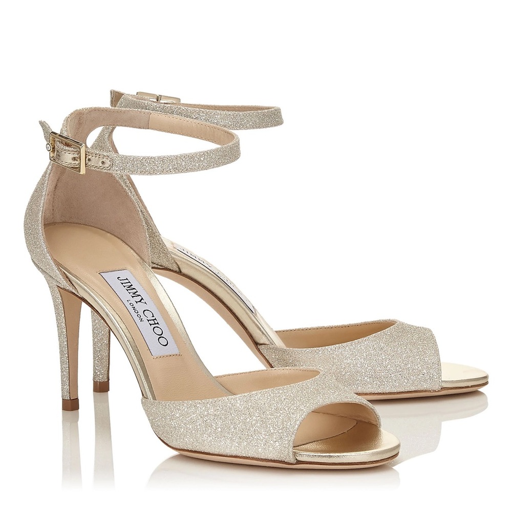 Jimmy Choo Annie 85mm Glitter Sandals Platinum Ice size 37.5 *NEW*